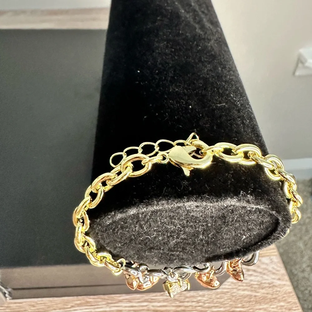 White Yellow & Rose Gold Crystal Heart Charm Bracelet